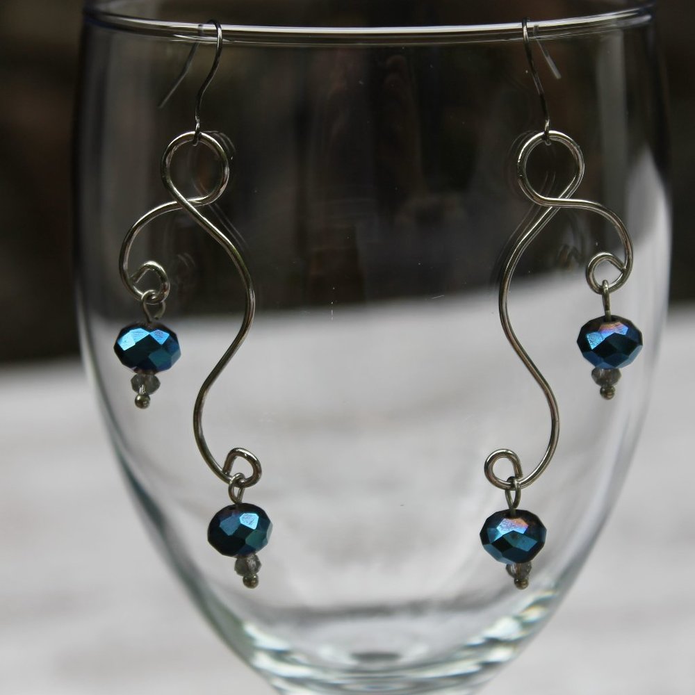 Free-form Dark Blue Austrian Crystal Dangle Earrings